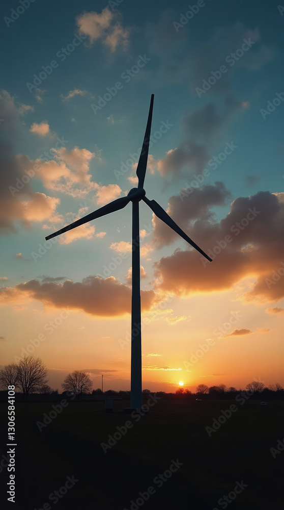 Peaceful Dusk Scene with Lone Windmill Silhouetted Against Glowing Sky Peaceful Dusk Scene with Lone Windmill Silhouetted Against Glowing Sky
