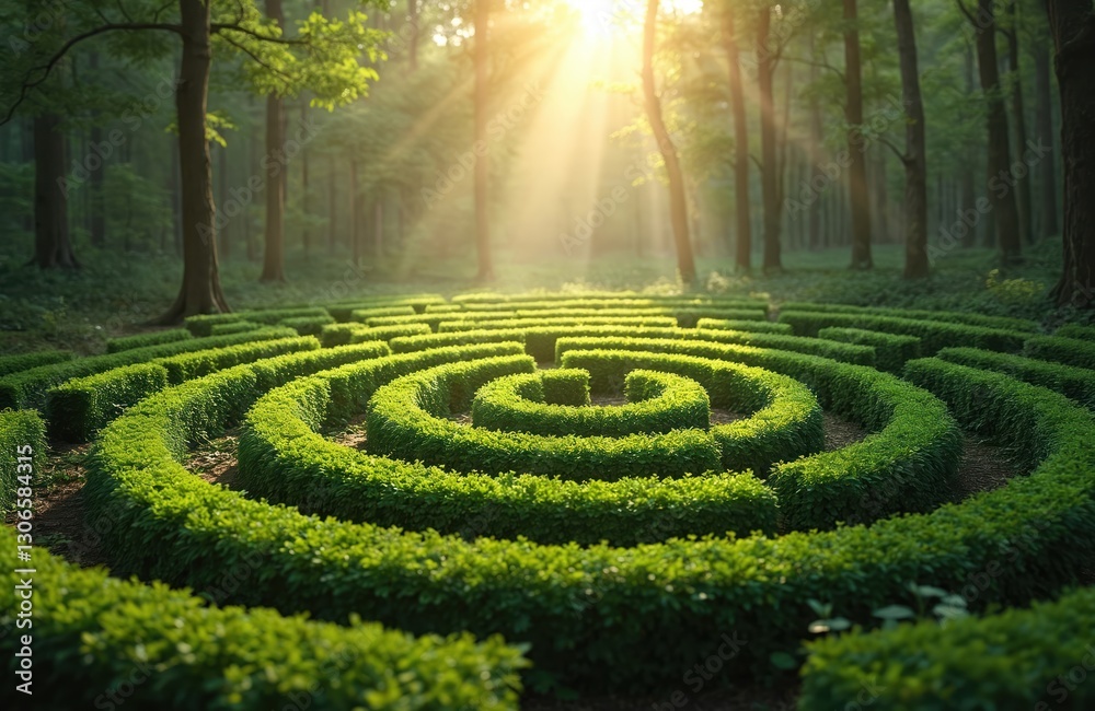Green labyrinth in forest with sun rays shining through trees. Symmetric garden bushes form decorative maze, evokes mystery, complexity. Ornamental gardening design with geometric shapes, inviting Green labyrinth in forest with sun rays shining through trees. Symmetric garden bushes form decorative maze, evokes mystery, complexity. Ornamental gardening design with geometric shapes, inviting