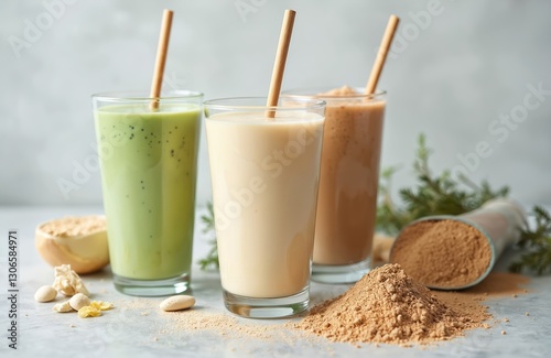 Various protein shakes with powder. Fitness food, sport drink. Healthy breakfast, organic smoothie. Vegan nutrition and diet. Whey, soy, casein mix. Chocolate, vanilla, matcha tasty shake. photo