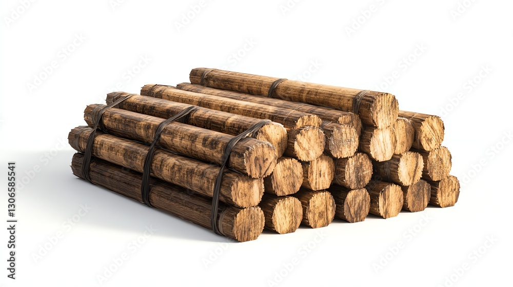 Stack of wooden logs ready for construction, white isolated background. Stack of wooden logs ready for construction, white isolated background.