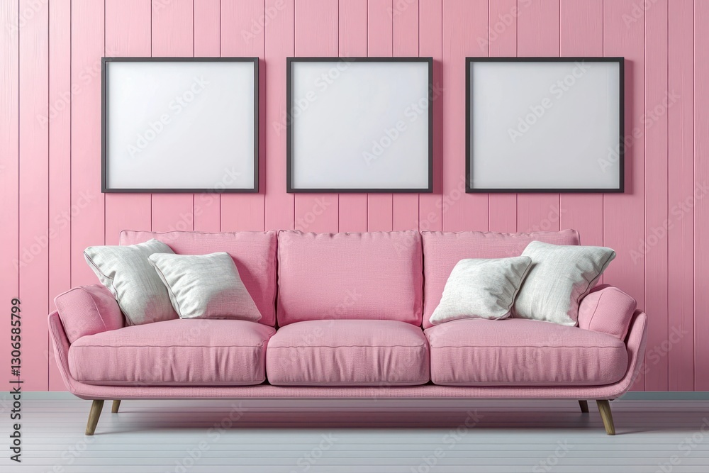 Pink-walled Scandinavian setting with sofa, featuring empty vertical frames. Pink-walled Scandinavian setting with sofa, featuring empty vertical frames.