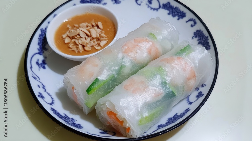 A plate of fresh vegetable spring rolls with a side of peanut dipping sauce, A plate of fresh vegetable spring rolls with a side of peanut dipping sauce,