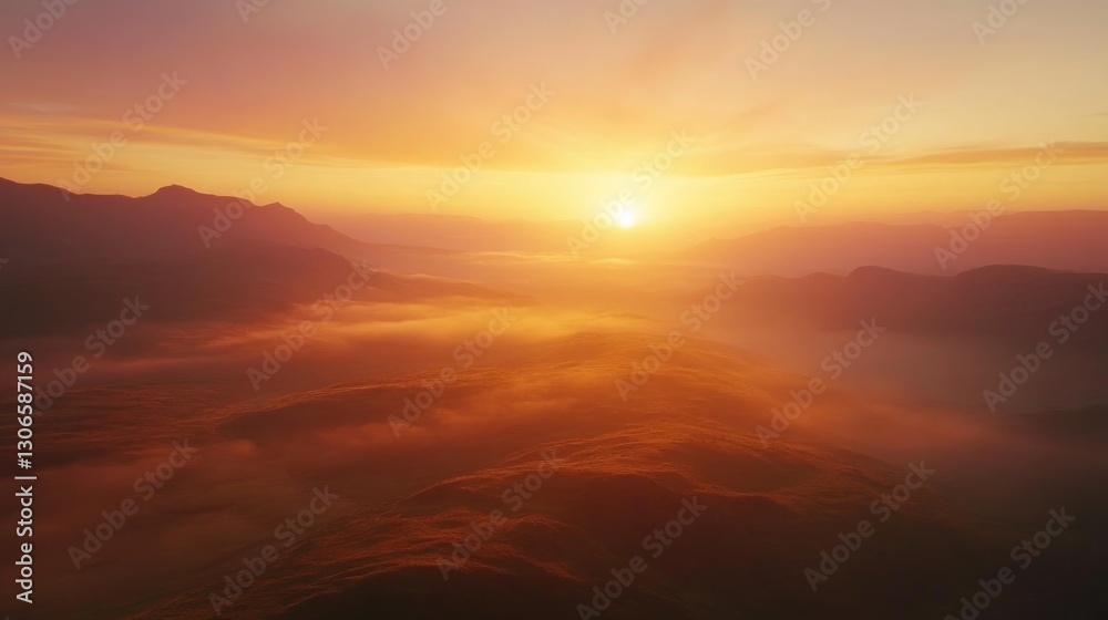 Glorious sunrise illuminates the mountains and valleys with radiant sunlight Glorious sunrise illuminates the mountains and valleys with radiant sunlight