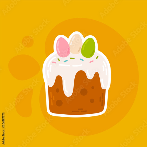 A vector illustration of a classic Easter cake with white icing, colorful mini eggs, and sprinkles on a bright yellow background. A festive and cheerful design for holiday greetings, cards, and decor