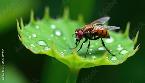 Fly trapped by Venus flytrap's leaves with dew drops, dewdrops, entrapment