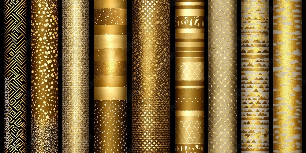 Elegant collection of golden patterned paper rolls for creative projects and festive decorations Elegant collection of golden patterned paper rolls for creative projects and festive decorations