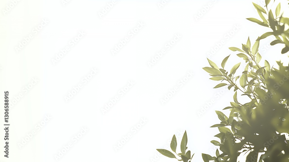 Green Leaves on Branch Against Bright White Background Green Leaves on Branch Against Bright White Background