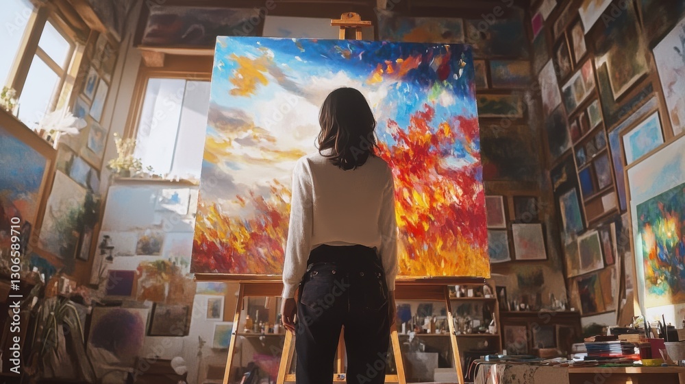 Obraz premium A creative artist woman painting on a large canvas