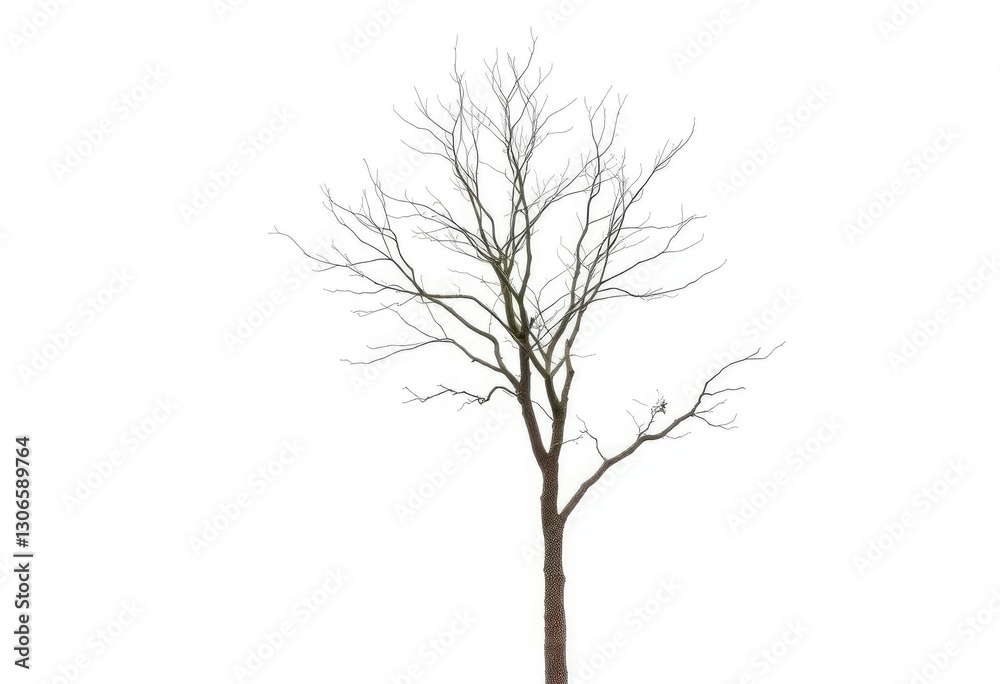 Lone deciduous tree, stark branches against pure white backdrop, photography, visual Lone deciduous tree, stark branches against pure white backdrop, photography, visual
