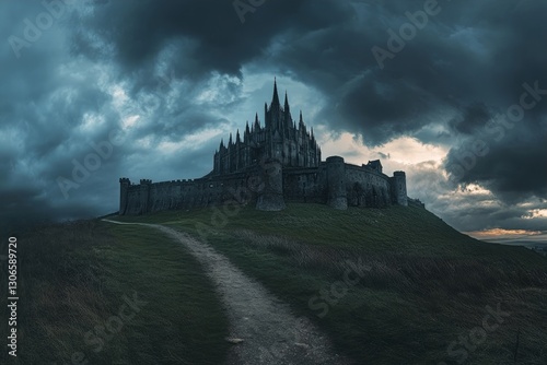 distant castle on a hilltop with its majestic spires reaching out to a stormy evening canvas, harsh shadows playing out its grandeur