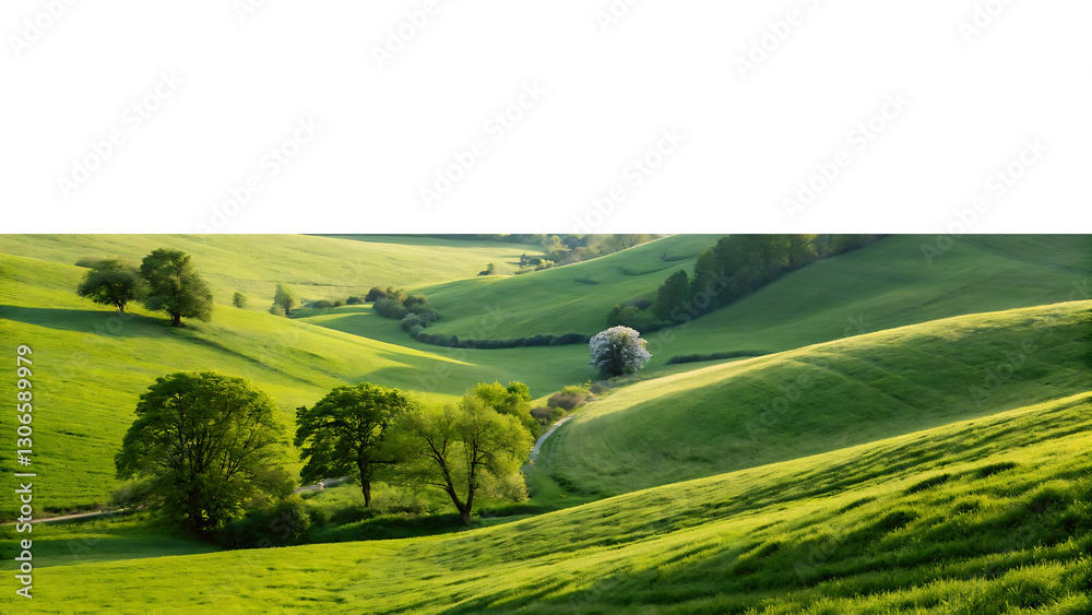 Fototapeta premium Serene Green Hills Landscape with Trees and Shadows
