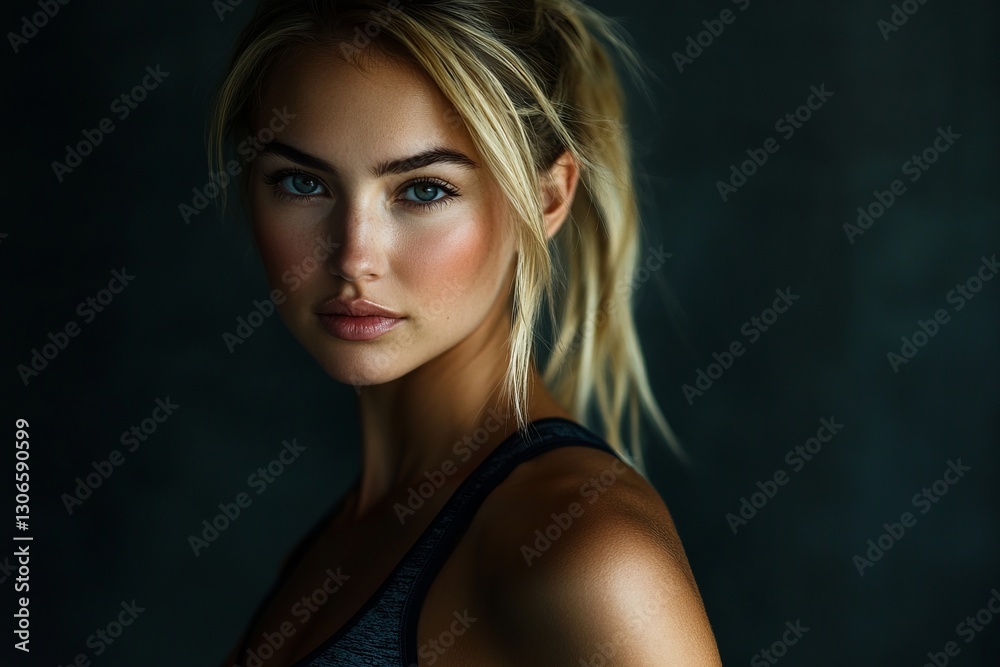 woman, with blonde hair in a shoulder-length ponytail, an athletic build, and a gorgeous face woman, with blonde hair in a shoulder-length ponytail, an athletic build, and a gorgeous face