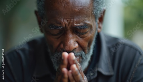 Worried mature black man with grey beard praying God. Seeks divine help, guidance. Senior closes eyes, joins hands in worship. Faith, spirituality concepts. Depression, loneliness themes. Hope,