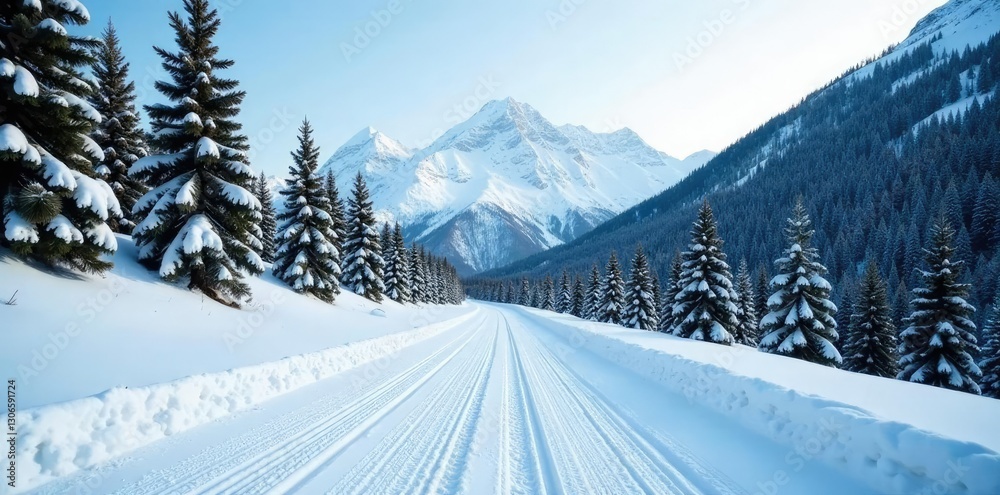 Fototapeta premium Snow-covered road with pine trees on both sides, mountain range, scenery, natural