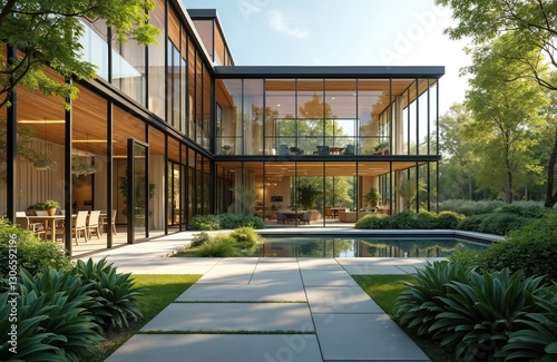Modern environmentally friendly building surrounded by green plants. Sustainable glass office reduces carbon footprint. Corporate building exterior featuring green garden, blue sky, eco design,