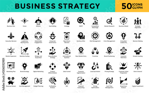 Business Strategy icons set with business plan, vision, mission, goal setting, strategy, swot, competitive advantage, market research, business model, strategic alignment icon. Simple glyph vector 
