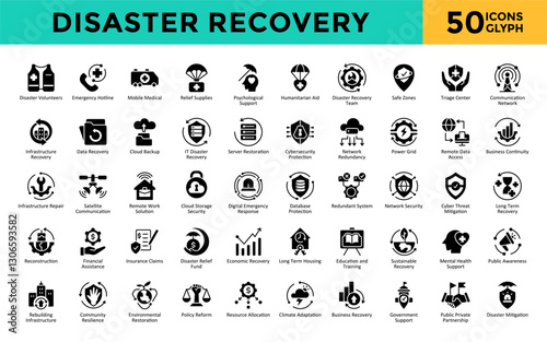 Disaster Recovery icons set with disaster volunteers, emergency hotline, mobile medical, relief supplies, psychological support, humanitarian aid, disaster recovery team icon. Simple glyph vector 
