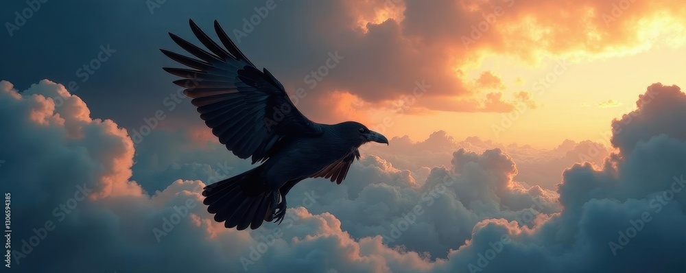 Fototapeta premium Large black raven soaring, dramatic cloudscape, wildlife photography, black