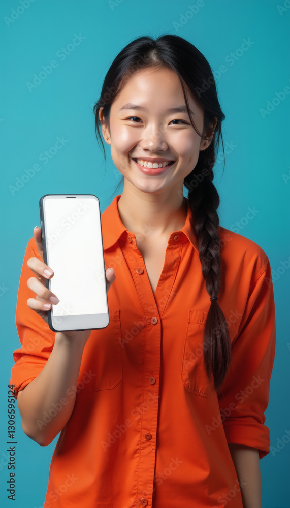 Smiling Woman Holds Phone with Blank Screen, Gen Z Lifestyle Smiling Woman Holds Phone with Blank Screen, Gen Z Lifestyle