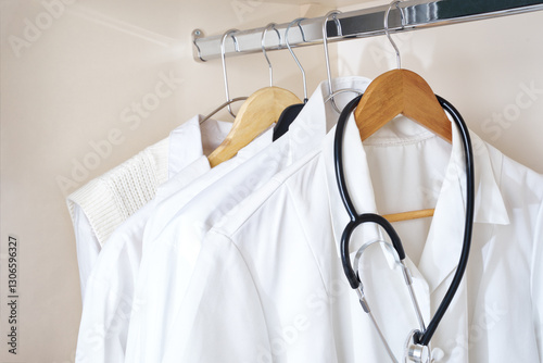 Canvas-taulu A set of white medical coats neatly hung on wooden hangers on a metal clothing rack