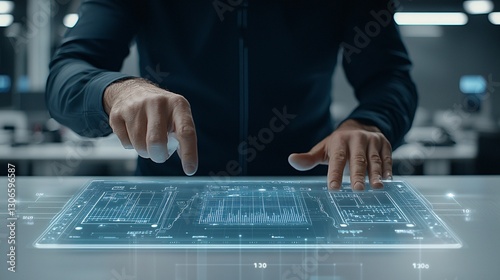 futuristic IT control interface, user interacting with glowing holographic dashboard, sleek corporate design, interactive data streams, advanced analysis display, bright yet minimalistic tech setup,