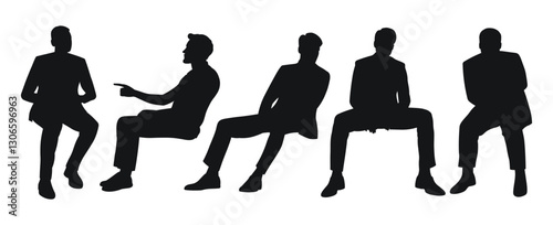 Silhouettes of men in business suits seated in various poses against a plain background
