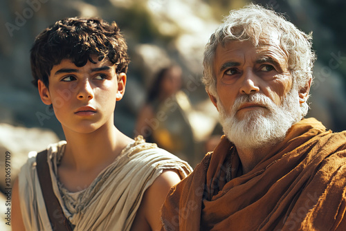Plato teaches young Aristotle about sciences using ancient papyri in a serene outdoor setting
