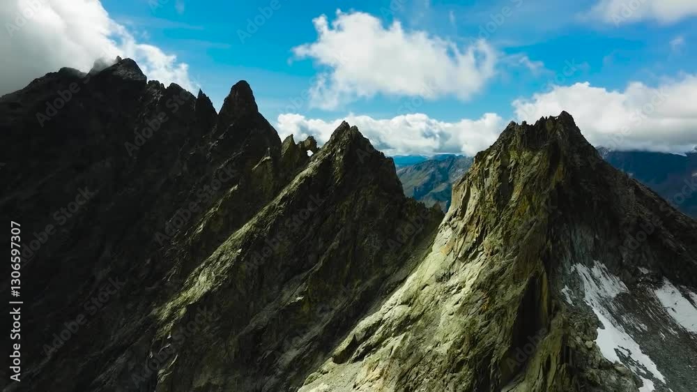 Aerial drone flying away in reverse from tall Western alps mountains that are covered with snow and are steep during a sunny day with blue sky and clouds in the background. Mountains are steep, sharp.