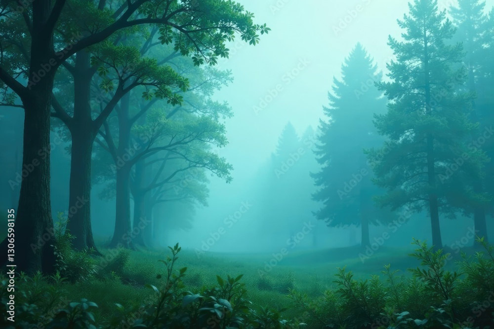 Fototapeta premium Calming aqua tones on a misty forest background, peaceful, mist