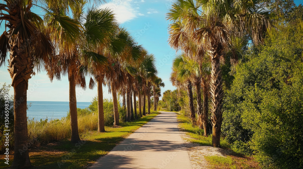 Fototapeta premium Scenic coastal path lined with palm trees and greenery