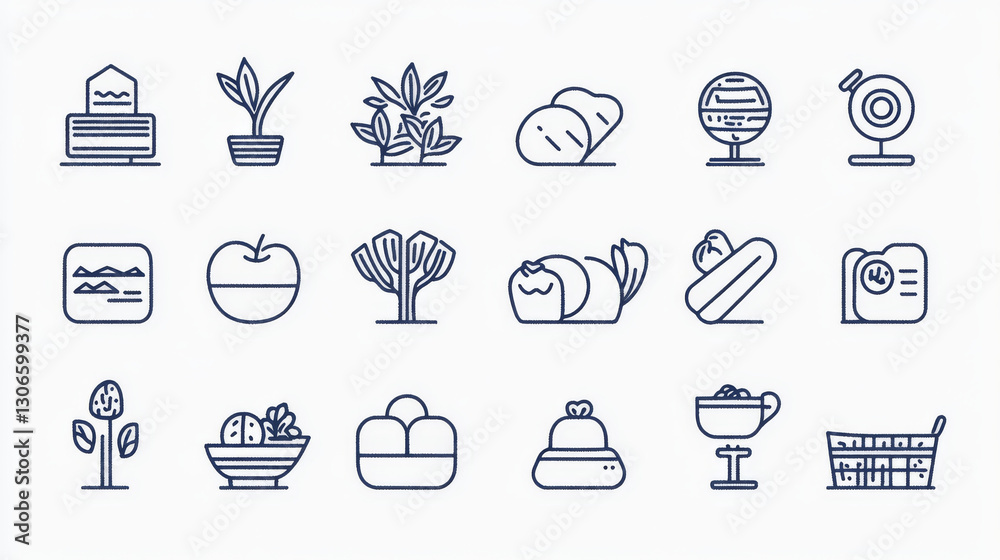 Modern graphic design icons featuring plants, food, and objects Modern graphic design icons featuring plants, food, and objects
