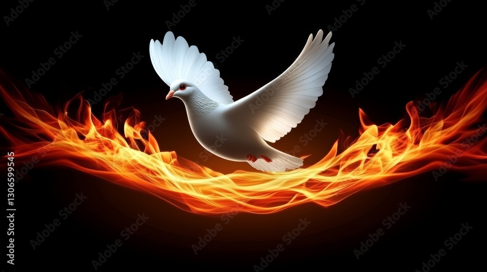 Obraz premium White Dove Soaring above Fiery Flames on Black Background, Symbolizing Hope and Renewal