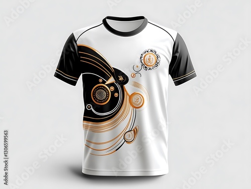 Creative graphic t-shirt design featuring abstract swirls indoor studio apparel showcase photo