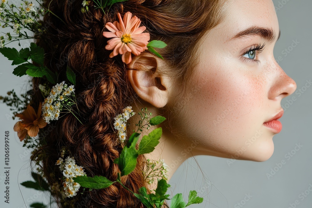 Naklejka premium Braids Adorned With Flowers and Foliage Create a Vibrant and Natural Hairstyle for a Spring Celebration Outdoors in a Lush Green Environment