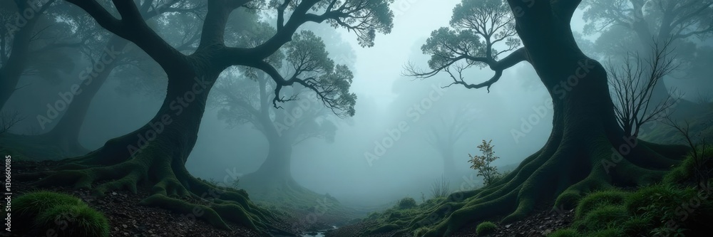 Fototapeta premium Foggy forest with twisted tree branches and gradient gray mist, fog, overgrown