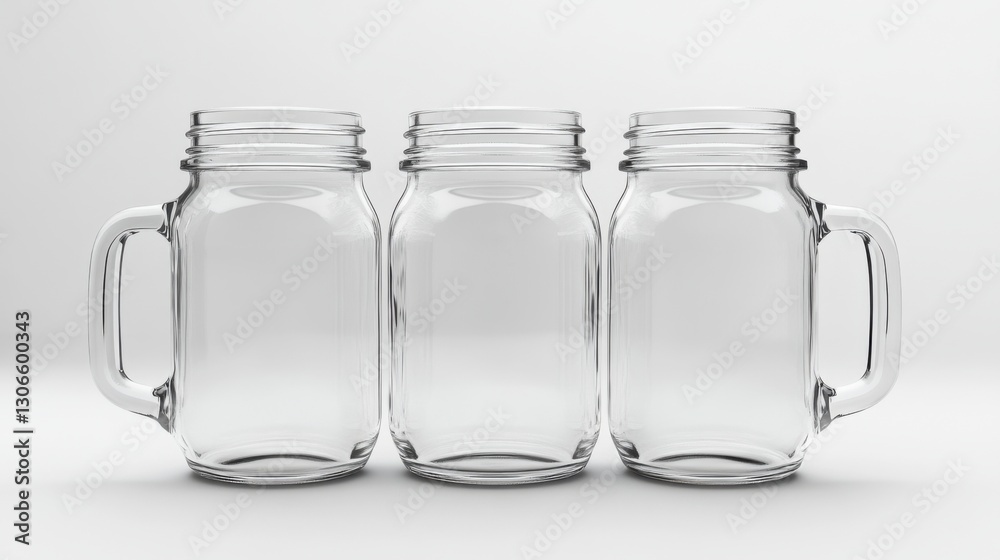 Three Empty Mason Jars with Handles on a White Background Three Empty Mason Jars with Handles on a White Background
