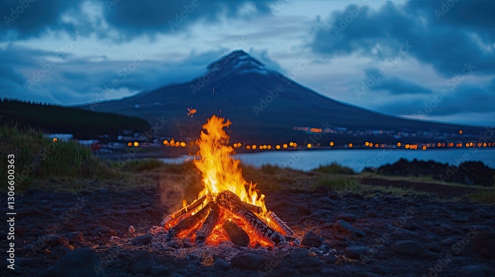 Bright bonfire burning at night, creating a warm atmosphere. Bright bonfire burning at night, creating a warm atmosphere.