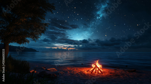 serene beach bonfire under starry night sky
