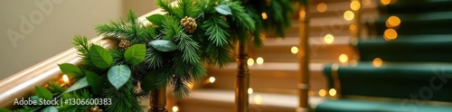 Gold and green garland wraps staircase newel post, gold, lush, newel post