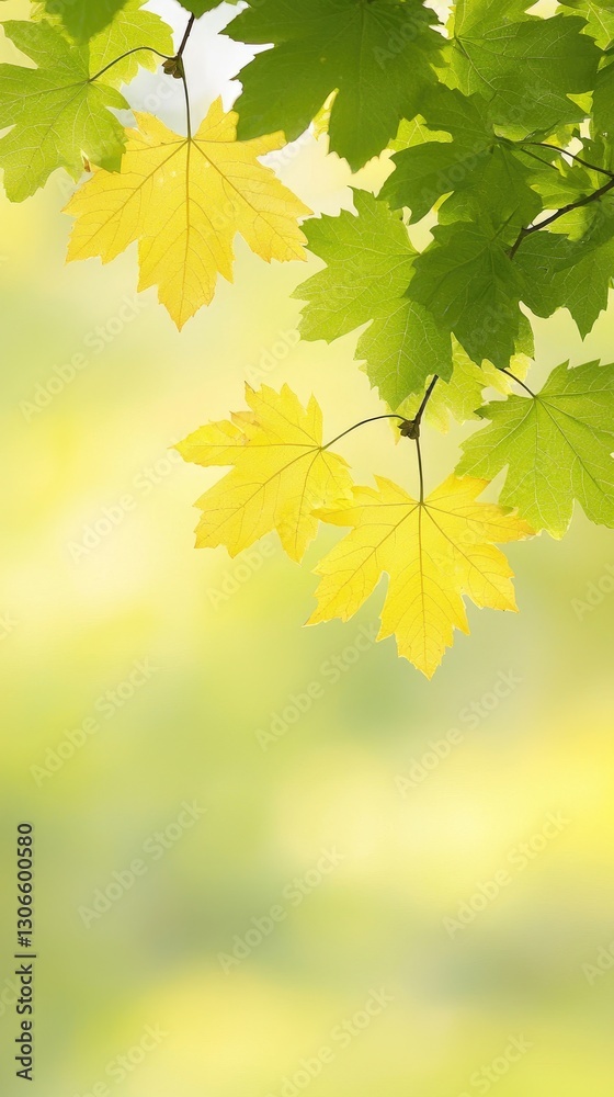 Yellow and green maple leaves, summer sunlight, blurred background, nature scene, website design Yellow and green maple leaves, summer sunlight, blurred background, nature scene, website design