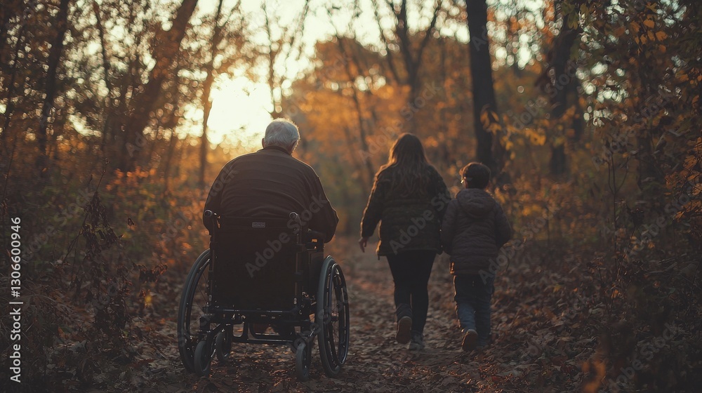 An elderly man seated in a wheelchair takes pleasure in the scenery of a park while being accompanied by a walking companion on a sunny afternoon An elderly man seated in a wheelchair takes pleasure in the scenery of a park while being accompanied by a walking companion on a sunny afternoon
