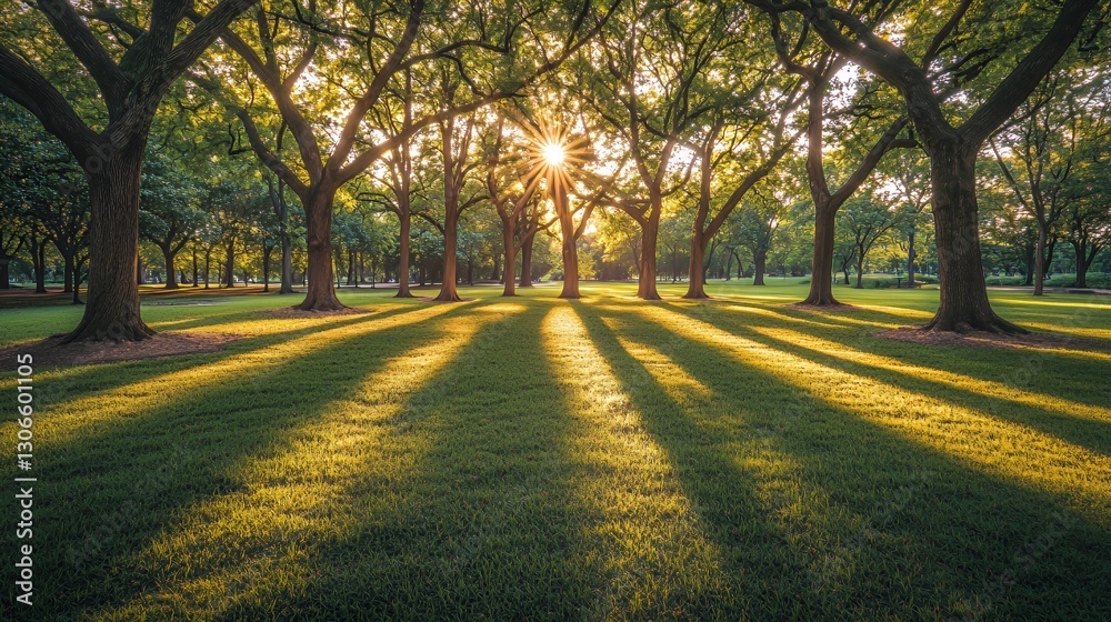 Sunlit Park Path with Green Grass and Trees Sunlit Park Path with Green Grass and Trees
