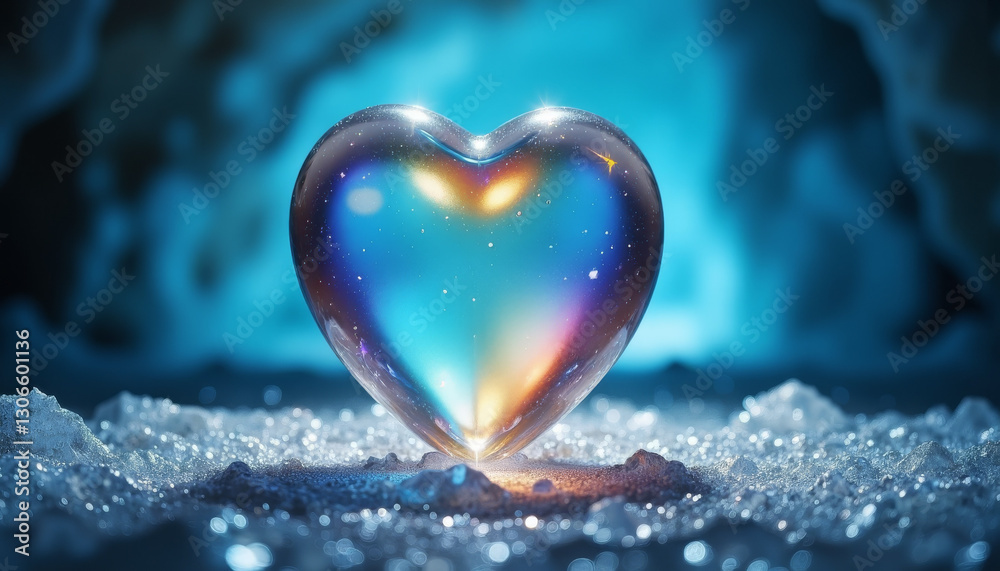 Fototapeta premium Heart-shaped crystal reflecting rainbows in icy cave, beauty of nature