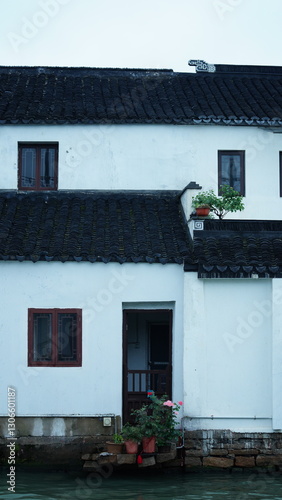 The classical Chinese garden buildings view in Suzhou of the China in the rainy day