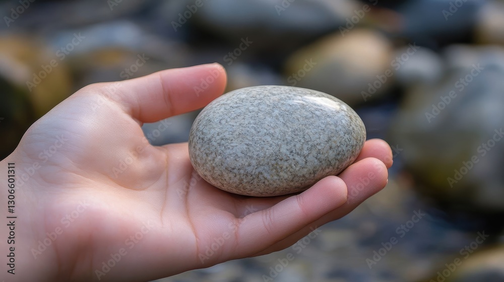A smooth gray stone is held gently within an open hand A smooth gray stone is held gently within an open hand