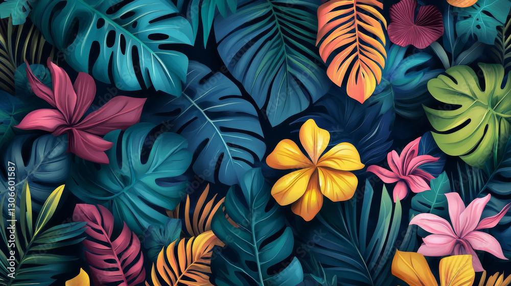 Fototapeta premium Vibrant tropical leaves and flowers create lush jungle pattern