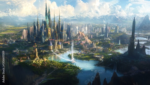 Epic fantasy city landscape.  A sprawling metropolis with majestic architecture, rivers, and mountains under a dramatic sky.  Ideal for fantasy art, game design, and more.
