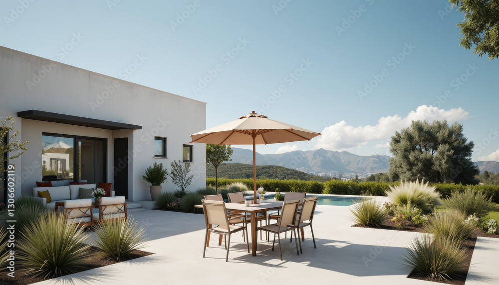 Fototapeta premium Modern dining area under sunshade by pool, outdoor relaxation