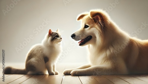 Happy Dog and Curious Cat Gazing at Each Other , Heartwarming Pet Friendship