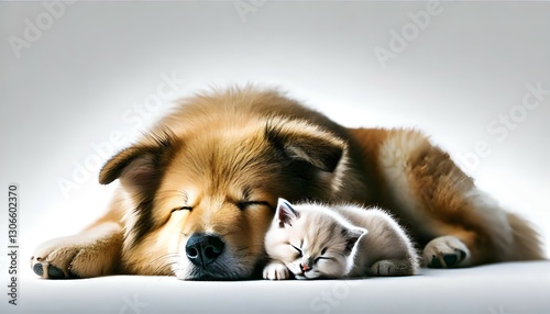 Sleeping Dog and Kitten Cuddling Together – Cozy and Peaceful Pet Love